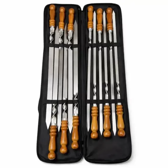 Šašlika iesmu komplekts no nerūsējošā tērauda 550×20×3 mm un 550×12×3 mm ar somu, 12 gab.